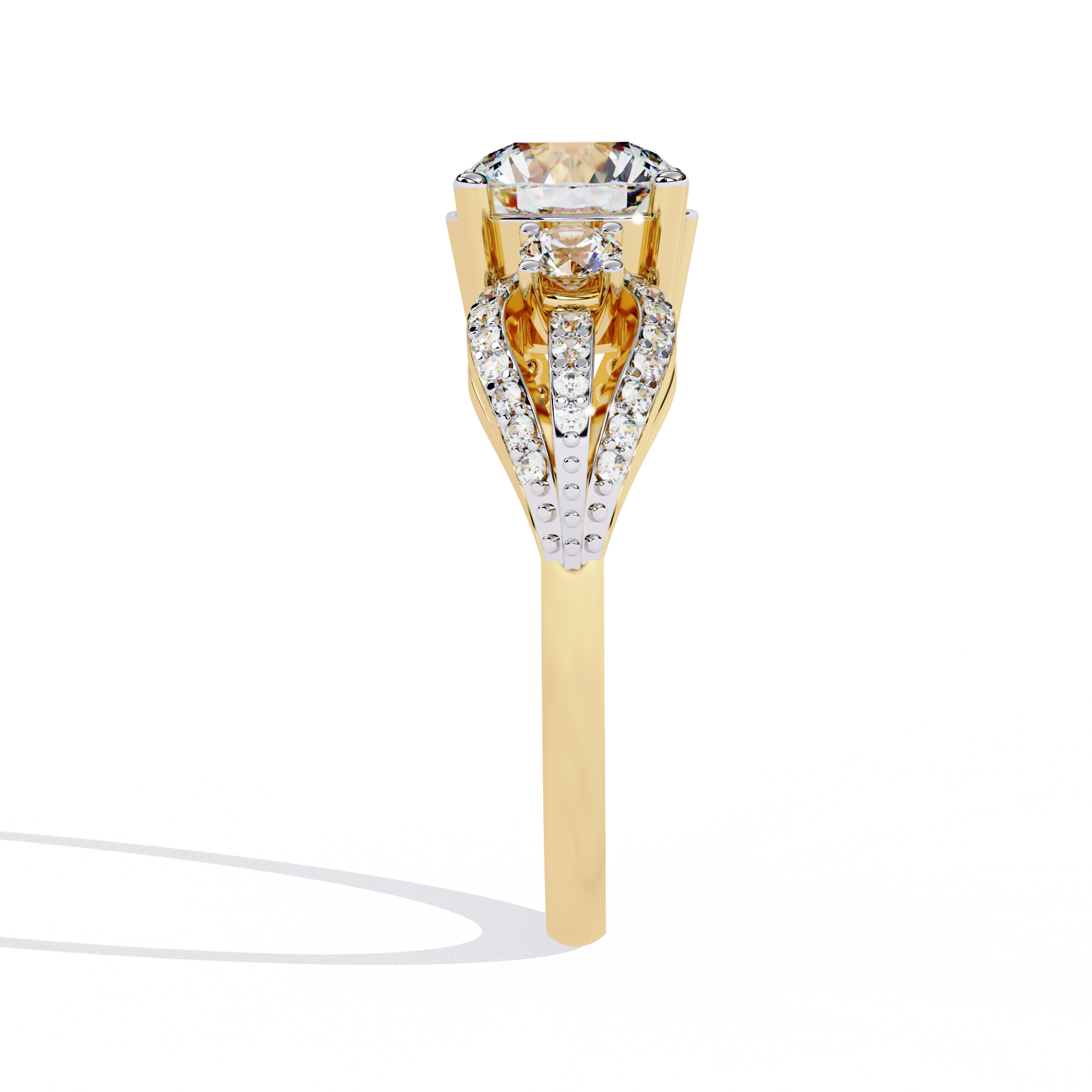 Solitairekart 1.64 ct Three Stone Halo Ring – 14K Yellow Gold